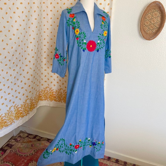 Vintage 1970s Embroidered Maxi Dress Boho Cottagecore Prairie Hippie Festival - Picture 1 of 8